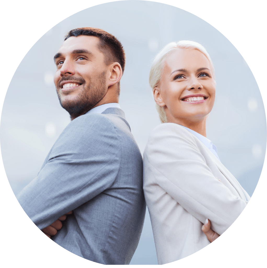 Two sales professionals standing back to back